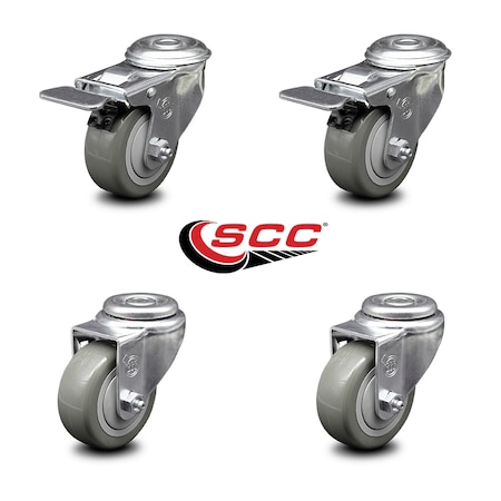 Service Caster 3 Inch Gray Polyurethane Swivel Bolt Hole Caster Set with 2 Total Lock Brake SCC-BHTTL20S314-PPUB-2-S-2